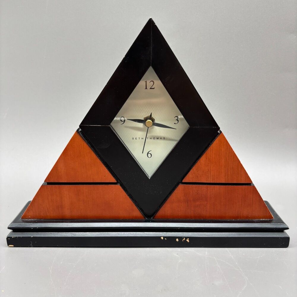 Seth Thomas Pyramid Desk Clock Triangle Wood Art Deco Style Quartz Mantel Clock